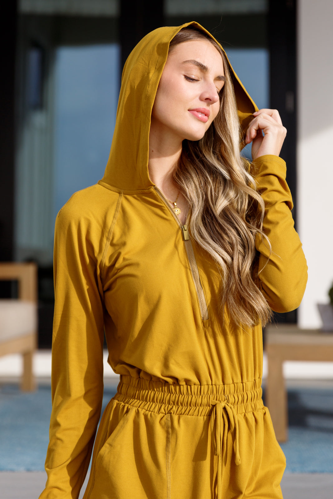 Getting Out Long Sleeve Hoodie Romper Gold Spice